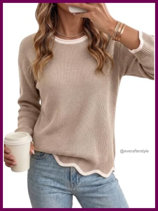 Sweaters - Women's Scalloped Hem Crewneck Sweater Casual Pullover
